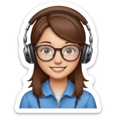 A girl with brown hair wearing glasses and headphones is smiling  sticker