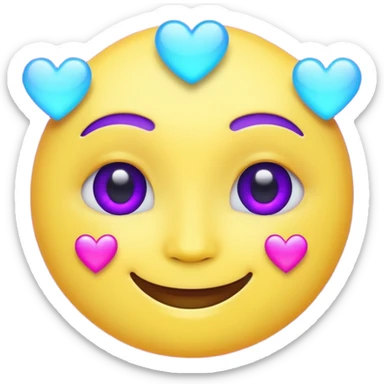 Futuristic glowing smiling face emoji with neon hearts instead of eyes, purple and blue holographic light, dark background sticker