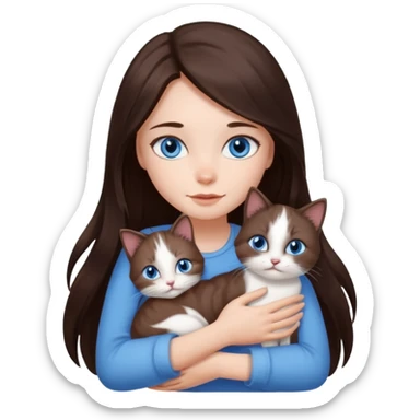 a pretty girl with long dark 
brown hair, with blue eyes, hugs 3 different natural coloured small cats sticker