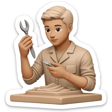 Sculpting icon, hands shaping clay, sculpting tools, unfinished sculpture, textured surface, minimalistic style, clean lines, transparent background. sticker