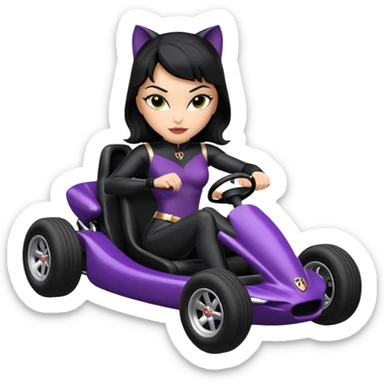 full size real-appearance road glowing racing sexy buxom CatWoman’s feminine midnight-colored tight outfit sixty’s tv show dark stealthy accurate sporty safe plush deluxe off-road pursuit drifting car jaguar (black hair,reclined and relaxed torso and shoulders back seating position) cross kart  sticker