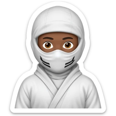 All white ninja robe with no black with white ski mask to cover face and neck with a hoodie on and dark brown skin color sticker