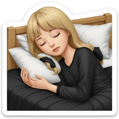 Young woman with long dark blond hair all around her, and a bang, sleeping in bed  with black pyjama  sticker