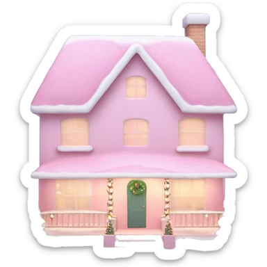 Pastel pink Christmas house with Christmas lights and evergreen trees sticker