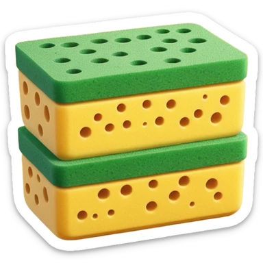 two kitchen sponges, rectangular with rounded edges, stacked or overlapping, yellow porous base, green scrub top, springy texture, tiny holes, no soap or hands, no faces, clean 3D, soft shadows, transparent background, emoji scale sticker
