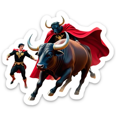 ​Cinematic Realistic black charging bull, against a matador depicted in a flowing red cape, captured in the dramatic moment of confronting a charging bull in a traditional bullring, rendered with dynamic motion and dramatic lighting that encapsulates the intensity and artistry of the spectacle, sticker
