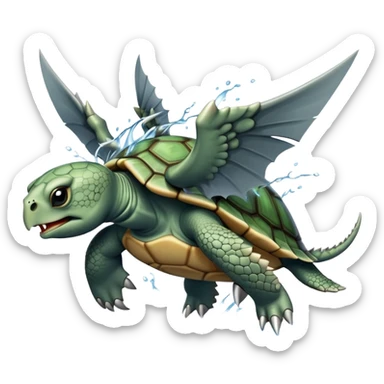 A fierce turtle with sharp spikes on its shell, dragon wings, sharp fangs, fierce claws, shooting a powerful water jet and steam from its mouth sticker