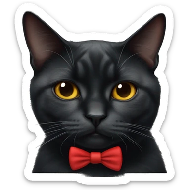 Grumpy black cat with white triangle marking only under the  chin ( nose is back, nose bridge is black) wearing a red bow tie  sticker