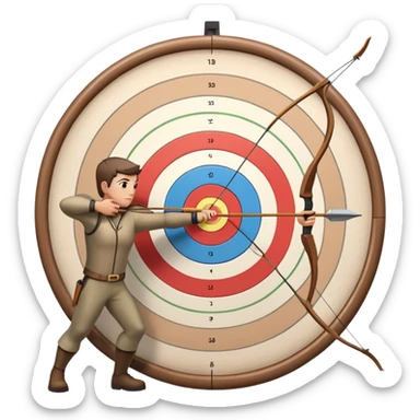 An archer pulling back a bowstring, aiming at a target in the distance. The target features concentric rings, and the scene conveys focus and precision. The background captures the essence of an outdoor archery range, highlighting skill and concentration in the sport. sticker