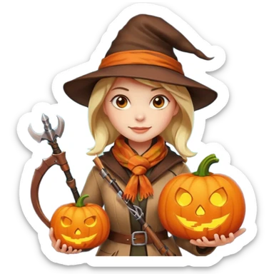 female human monster hunter emoji, wearing brown coat and hat, holding crossbow, soft smile, scarf, glowing pumpkin by her side, Halloween fantasy style, clean vector Apple emoji look, bright colors, white background, square sticker
