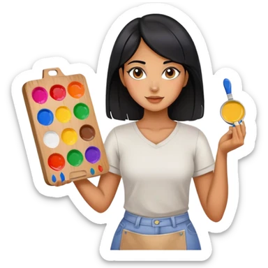 painting, artist, black hair tanned woman, paint pallet colors sticker