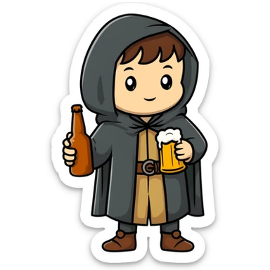 young medieval pilgrim with cloak and beer bottle sticker