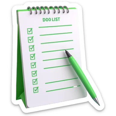3D style to-do list with all items checked off in green, pen resting beside the list, soft shadows, realistic details sticker