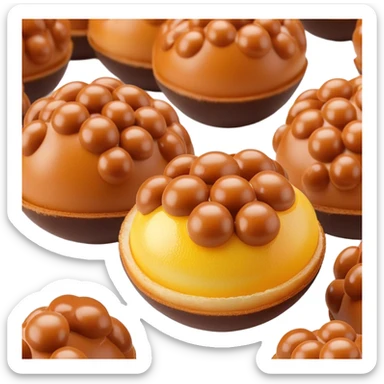 3D rendered chocolate Hong Kong egg puffs (鸡蛋仔) with distinctive spherical bubble texture, deep brown color, hyper-realistic bubbles, glossy candy-like finish, detailed texture sticker
