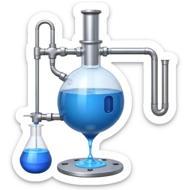 large laboratory reactor vessel, filled with blue liquid, with a stirrer, inlet and outlet sticker
