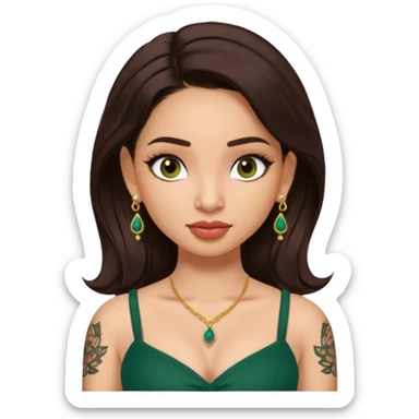 pretty bratz genmoji that looks like tamannah bhatia (bollywood actress), wearing a dark green sweetheart neckline top, dark brown hair, light makeup, no necklace, dangly earrings, side hair part, dark brown eyes, with tattoos sticker