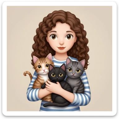 Girl with curly hair holding three cats, one black cat, one grey cat, and one grey-striped cat sticker