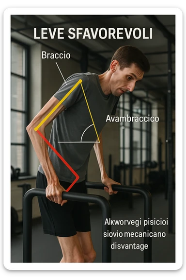 a tall, lean man with very long arms and a short torso attempts a dip on parallel bars. His elbows are deeply bent and his body appears awkwardly positioned, highlighting the mechanical disadvantage. An overlay shows anatomical lines and angles, with labels explaining “Leve Sfavorevoli” The background is a modern gym, with a focus on biomechanics. in italiano sticker