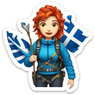 Female winter mountain climber red hair climbing with Greek and EU flags and Easter eggs basket sticker