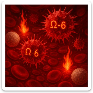 close-up detail in blood: omega-6 molecules shown as spiky, bright red, menacing forms activating inflammatory signals or small flames among healthy cells, white blood cells defending, surreal medical semi-realistic style with red light effects sticker