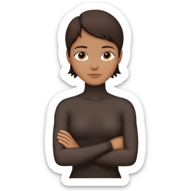 Minimalist human silhouette, upper body only, arms crossed, no facial features, solid dark shape, flat icon style, centered, transparent background sticker