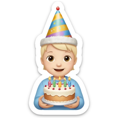cute baby wearing birthday hat with birthday cake sticker