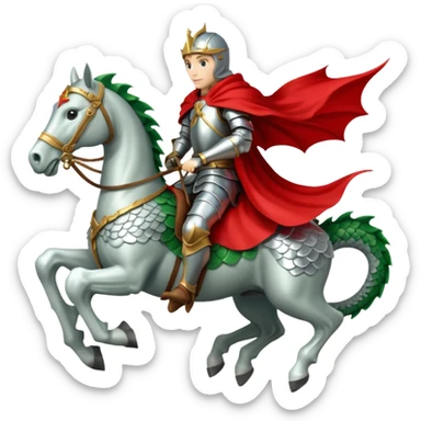A knight in silver armor with a red cape, riding a white horse atop a green dragon. sticker
