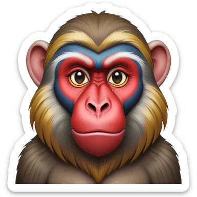 Cinematic Noble Mandrill baboon Portrait Emoji, Poised and regal, with a striking, powerful build and a vivid, deep-set soulful eyes, Simplified yet sharp and sophisticated features, highly detailed, glowing with a vibrant, dignified glow, high shine, intelligent and commanding, stylized with an air of exotic majesty, focused and attentive, soft glowing outline, capturing the essence of a watchful and confident primate, so majestic it feels as though it could step out of the screen with effortless authority! sticker