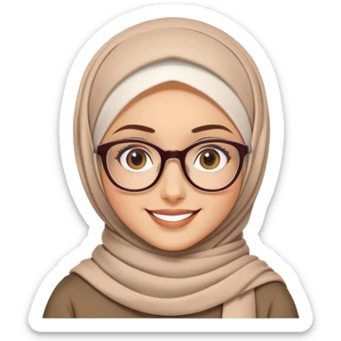 "Create a female character wearing a hijab and glasses. The emoji should have a friendly and expressive face, with a soft smile. The hijab should be neatly wrapped, and the glasses should be stylish yet simple. Use a vibrant yet natural color palette for a warm and approachable look." sticker
