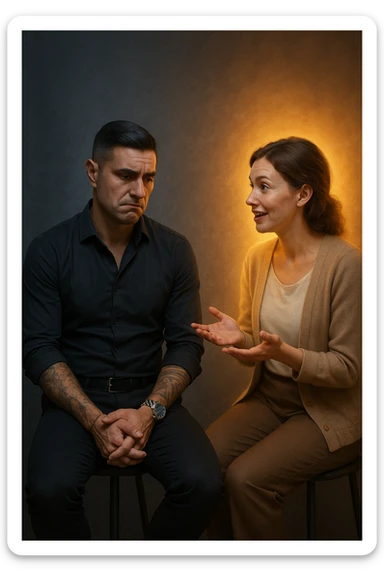 Uomo tra i 30 e i 40 anni seduto su una sedia, sguardo dubbioso, con le mani incrociate in grembo. Di fronte a lui, una donna calma e gentile gli parla e gli offre una soluzione con gesto aperto. Intorno a lei, un’aura luminosa. Intorno a lui, la sua aura maschile si affievolisce, come se stesse perdendo forza interiore. L’uomo appare indeciso, la postura è passiva. Ambientazione neutra, toni simbolici, atmosfera silenziosa. Luci fredde e calde in contrasto. Stile realistico con accenti metaforici sticker