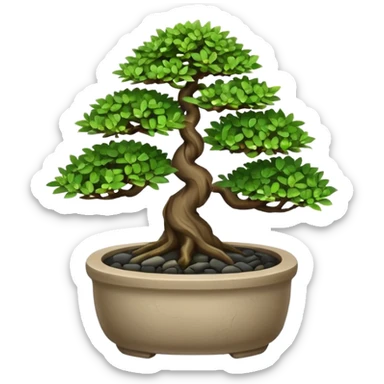 Bonsai Tree – Miniature tree in small pot, trimmed carefully, stone pot sticker