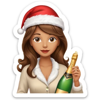 mujer peinandose en la peluqueria y con un gorro de navidad, cabello largo café y ondulado sticker