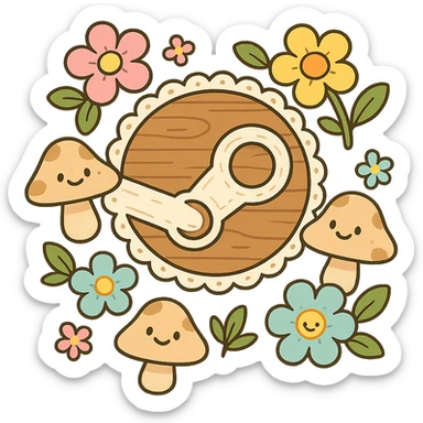 cartoon cottagecore Steam logo made of soft rounded wood, big bubbly lace, pastel flowers, smiling mushrooms, bright playful cozy, no text sticker