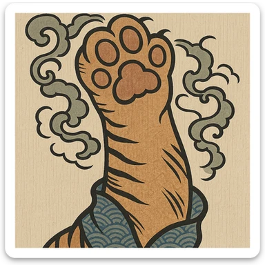cat paw, ukiyo-e style, traditional Japanese print sticker