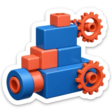 Modern minimal emoji: building blocks + connection flows + gear. Deep blue and coral colors. Professional no-code expert signature. Geometric clean style. sticker