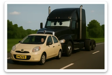 Remove the trailer from the black semi truck, keep the rest of the scene the same, with a person visible in the car in front. sticker