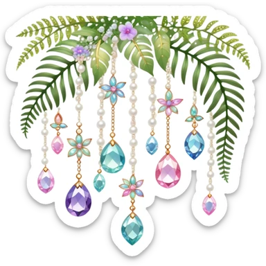 Exotic romantic pretty pastel Few cute tiny Iridescent glistening glossy sparkly shiny glittery hanging crystals pearls and beads and gemstones scenery scenic decorations with vines and ferns and flowers sticker