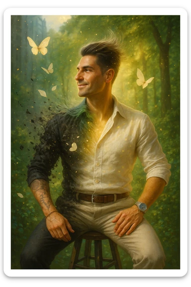 Trasformazione cinematografica: uomo d'affari in giacca sintetica nera che si sfalda come cenere, mentre da dentro emerge una nuova versione di sé vestita di lino color avorio, farfalle che nascono dalle fibre di cotone biologico, petali di fiori che si trasformano in bottoni di madreperla, capelli che diventano più folti e luminosi al contatto con tessuti naturali, pelle che letteralmente respira vapore dorato, city background che si trasforma in foresta rigogliosa, slow motion epico con particelle di luce danzanti sticker