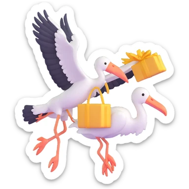 stork flying with a human baby in a bundle, close-up sticker