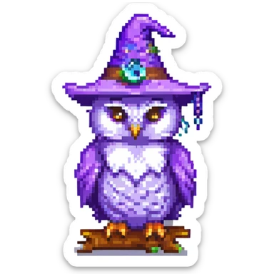 pixel art owl perched, wearing a purple wizard hat sticker