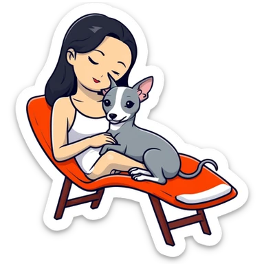 Very thin Chinese woman with long black hair relaxing on a spa lounger with exactly ONE Italian greyhound that is COMPLETELY solid grey - IMPORTANT: the dog must be ENTIRELY ONE UNIFORM GREY COLOR with ABSOLUTELY NO WHITE MARKINGS ANYWHERE - no white on face, no white on chest, no white on paws, nothing but pure grey throughout the entire dog sticker