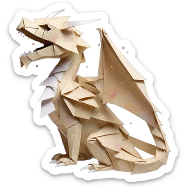 patterned Beige Origami dragon with made of newspapers, on fire, surrounded by fairy lights nebula galaxy stars swirls iridescent covered in dried flowers sticker