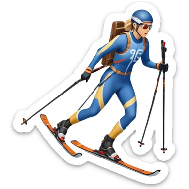 An icon featuring a biathlete gliding on skis through a snowy trail, carrying a rifle on their back. In the background, a target range and snow-covered trees set the scene. Transparent background highlights the unique mix of endurance, precision, and winter sport challenge. sticker