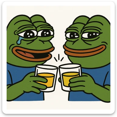 Pepe the Frog clinking whiskey glasses with another Pepe, in pepe meme style sticker