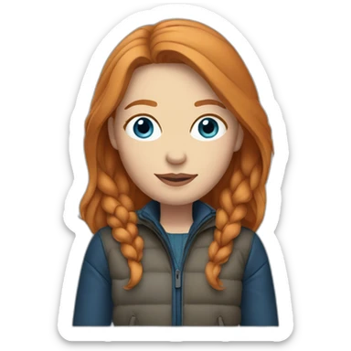 Straight ginger hair and blue eyes woman with a Canadian jacket sticker