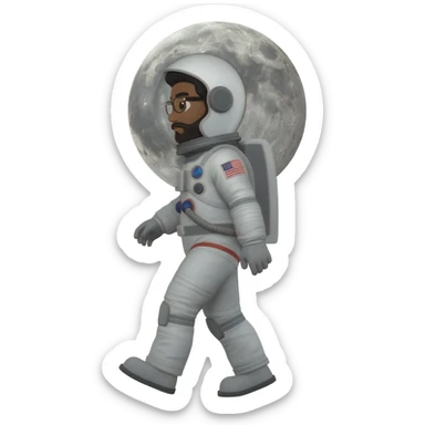 astronaut moon on back with helmet walking space brown skin, black eyes, glasses and beard  black hair show body sticker