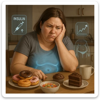 A woman in her late 30s, slightly overweight, sitting tired at a kitchen table with sugary foods in front of her. Her expression frustrated. A faint blue glow surrounds her abdomen, symbolizing metabolic dysfunction. Floating around her body: transparent icons of high insulin, rising blood glucose levels (graph with arrows up), and fat accumulation around the belly and hips. sticker