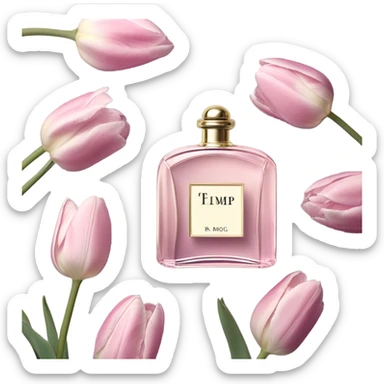 Aesthetic arrangement of pastel pink tulips and a retro violet perfume bottle.
 sticker