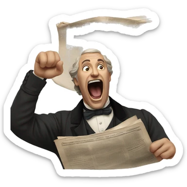 victorian man holding a newspaper in his raised hand whilst shouting sticker