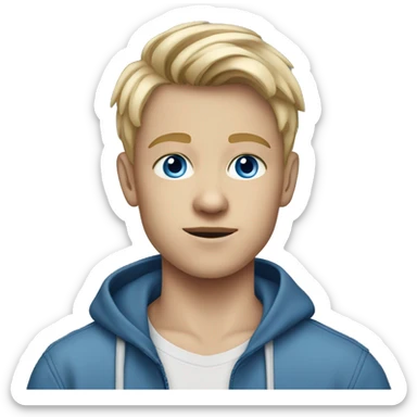 A white blonde 15 year old boy with blue eyes dressed in a jeans shirt and blue joggers sticker